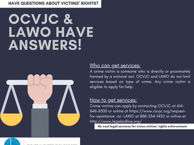 blue background with hand holding scales of justice, white text "OCVJC & LAWO HAVE ANSWERS!"